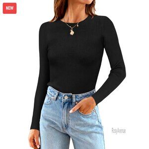 Long Sleeve Ribbed Knit Sweater Slim Fit Pullover Casual Tee Top